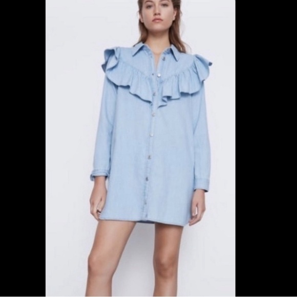 Zara Dresses & Skirts - Zara ruffle denim shirt dress M